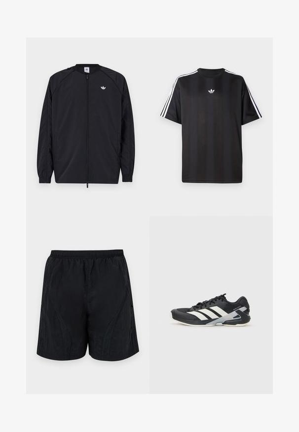 Casaco leve preto com fecho na frente, punhos elásticos e um pequeno logótipo branco no lado esquerdo do peito. Apresenta um design simples e limpo.; T-shirt preto de manga curta com detalhes em branco nas três listas nos ombros e um pequeno logo branco no peito. Textura do tecido suave.; Calções pretos feitos de um tecido leve e texturizado, com uma cintura elástica e detalhes em painéis laterais para um visual aerodinâmico.; Sapata atlética preta com riscas brancas, parte superior em malha, biqueira arredondada e sola acolchoada. Apresenta um calcanhar texturizado e um sistema de atacadores seguro.