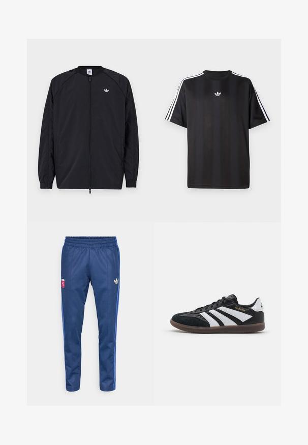 Casaco leve preto com fecho na frente, punhos elásticos e um pequeno logótipo branco no lado esquerdo do peito. Apresenta um design simples e limpo.; T-shirt preto de manga curta com detalhes em branco nas três listas nos ombros e um pequeno logo branco no peito. Textura do tecido suave.; Calças de treino azul-marinho feitas de tecido suave, com uma cintura elástica, riscas laterais azuis e um logo dourado da Adidas no quadril esquerdo.; Tênis atléticos em preto e branco com parte superior em camurça e sintético, apresentando três faixas brancas distintas, sola de borracha e o texto dourado "Predator".