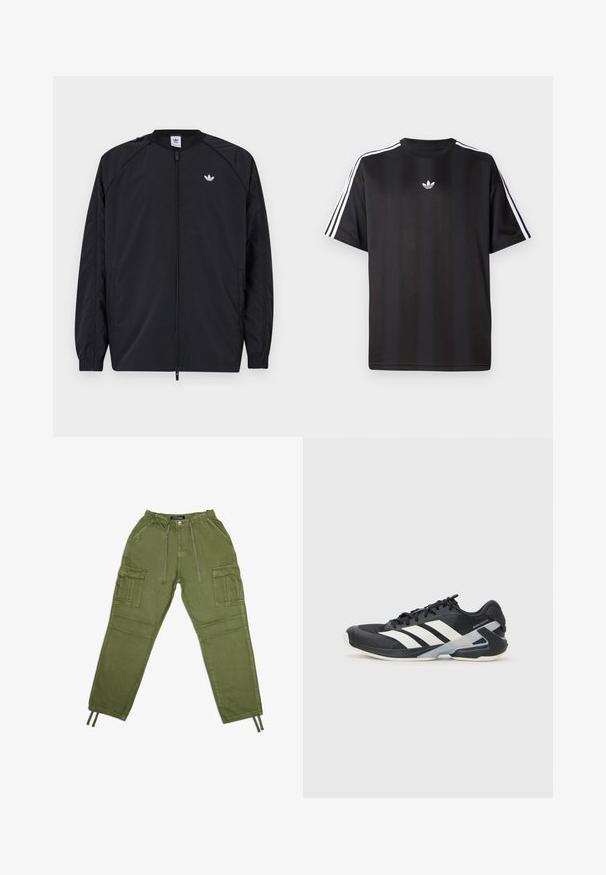 Černá lehká bunda s předním zipem, elastickými manžetami a malým bílým logem na levé hrudi. Vyznačuje se jednoduchým a čistým designem.; Černé tričko s krátkým rukávem s bílými třemi pruhy na ramenou a malým bílým logem na hrudi. Hladká textilie.; Olivově zelené cargo kalhoty vyrobené z lehké látky, s elastickým pasem, šňůrkami a několika bočními kapsami.; Černá sportovní obuv s bílými pruhy, síťovaným svrškem, zaoblenou špičkou a polstrovanou podrážkou. Obsahuje texturovanou patu a bezpečný systém šněrování.