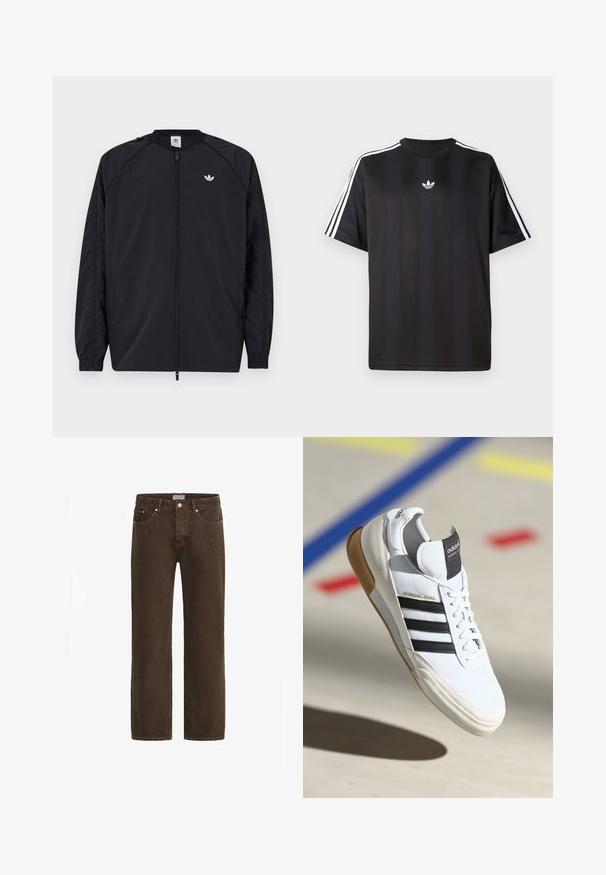 Black lightweight jacket with a zip front, elastic cuffs, and a small white logo on the left chest. Features a simple, clean design.; Black short-sleeve t-shirt with white three-stripe detailing on shoulders and a small white logo on the chest. Smooth fabric texture.; Brown denim jeans with a straight-leg cut, five-pocket design, and metal hardware. Features a button closure and branded waistband tag.; White Adidas Mundial Goal sneaker with black stripes and gum sole, shown mid-air over a sports court floor with colored lines.