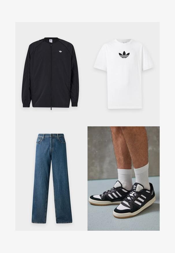 Μαύρο ελαφρύ μπουφάν με φερμουάρ μπροστά, ελαστικούς καρπούς και ένα μικρό άσπρο λογότυπο στο αριστερό στήθος. Διαθέτει απλό, καθαρό σχέδιο.; Λευκή βαμβακερή μπλούζα T-shirt με μαύρο λογότυπο Adidas στο κέντρο. Βραχίονας κοντός και σχέδιο με στρογγυλή λαιμόκοψη. Μαλακή υφή.; Σκούρο μπλε τζιν παντελόνι με χαλαρή εφαρμογή, ίσιες γραμμές, πέντε τσέπες και αντίθετες ραφές. Διαθέτει κλείσιμο με κουμπί και φερμουάρ μπροστά.; Μαύρα και λευκά αθλητικά παπούτσια με άνω μέρος από σουέτ και δέρμα, featuring τρεις λευκές ρίγες, περατά δάχτυλα και σόλα από καουτσούκ τύπου γκαστ.