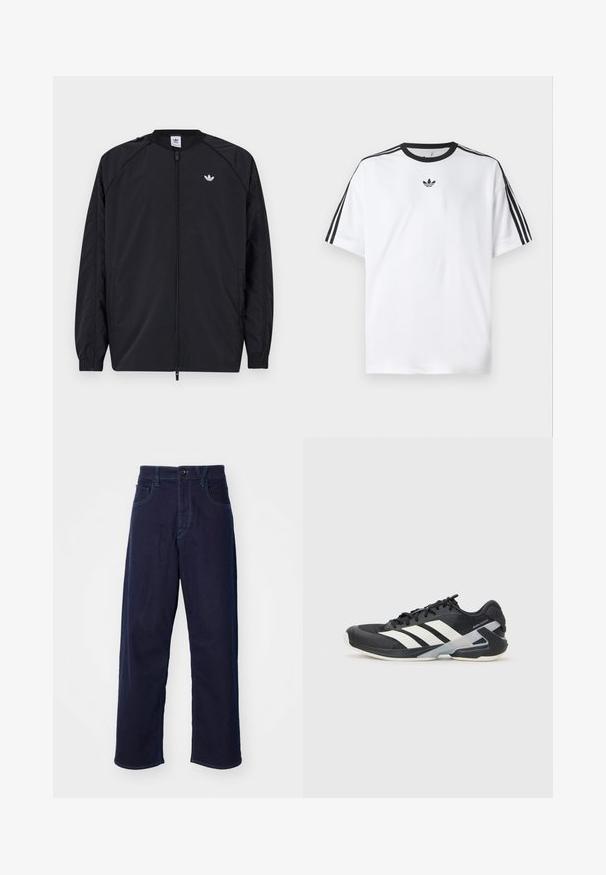 Crna lagana jakna s prednjim patentnim zatvaračem, elastičnim manžetama i malim bijelim logotipom na lijevoj hali. Ima jednostavan, čist dizajn.; Bijela majica od pamuka, s crnim okruglim izrezom i tri crne pruge na svakom ramenu. Mali crni logo na prsima.; Tamno plave traperice ravnog kroja s prednjim kopčanjem na gumb, petljama za remen i kontrastnim detaljima šavova.; Crne atletske cipele s bijelim prugama, mrežasta gornja strana, zaobljeni prst i podstavljeni đon. Imaju teksturiranu petu i siguran sustav vezivanja.