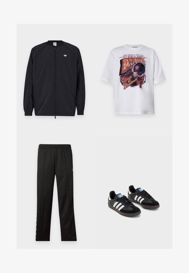 Veste légère noire avec fermeture éclair à l'avant, poignets élastiques et un petit logo blanc sur la poitrine gauche. Elle présente un design simple et épuré.; T-shirt en coton blanc à manches courtes avec un imprimé graphique multicolore représentant un casque de football et le texte "1972 CHAMPIONS DU MONDE."; Pantalons de sport noirs avec un motif texturé, une taille élastique, deux poches latérales zippées et des rayures verticales sur les côtés.; Des baskets noires avec une tige en suède et en matériaux synthétiques, dotées de trois rayures blanches, d'une semelle en caoutchouc texturé et d'une étiquette de logo bleue sur la languette.