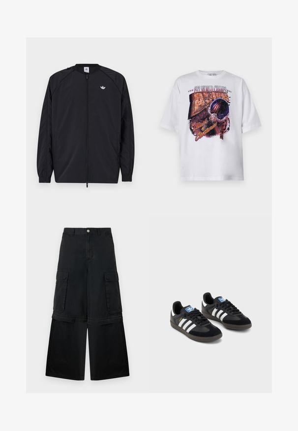 Casaco leve preto com fecho na frente, punhos elásticos e um pequeno logótipo branco no lado esquerdo do peito. Apresenta um design simples e limpo.; T-shirt branca de algodão com mangas curtas, apresentando uma estampa gráfica multicolorida de um capacete de futebol e o texto "1972 CAMPEÕES MUNDIAIS."; Calças cargo pretas com um corte largo, múltiplos bolsos laterais e bainha com punho. Fabricadas em material de algodão durável com um acabamento mate.; Sneakers pretos com parte superior em camurça e sintético, apresentando três riscas brancas, sola de borracha texturizada e etiqueta azul no linguete.