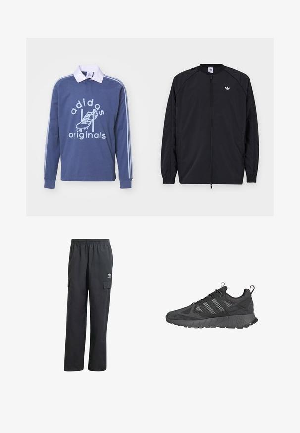 Schwarze leichte Jacke mit einem Reißverschluss vorne, elastischen Bündchen und einem kleinen weißen Logo auf der linken Brust. Hat ein einfaches, klares Design.; Blaues langärmeliges Poloshirt mit weißem Kragen, versehen mit einem bedruckten Grafikdesign eines Schuhs und dem Text "adidas originals" in Hellblau.; Schwarze Cargo-Hosen mit einem elastischen Bund, zwei Seitentaschen und einem dezenten Logo auf dem linken Oberschenkel. Hergestellt aus einem leichten Stoff.; Schwarze Sportschuhe mit Obermaterial aus Mesh und Wildleder, strukturierten Gummisohlen, gepolsterter Schuhkragen und markantem grauen Drei-Streifen-Design.