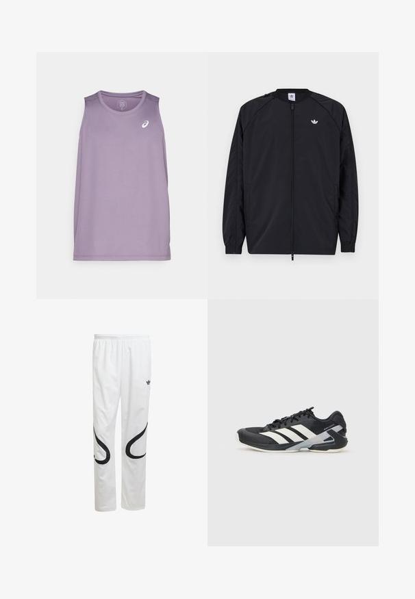 Melnā vieglā jaka ar rāvējslēdzēja priekšpusi, elastīgiem aprocēm un mazu baltu logotipu kreisajā krūtī. Iedvesmota ar vienkāršu, tīru dizainu.; Violeta sporta bezpiedurkņu topiņš ar apļa formu un bez piedurknēm. Uz krūtīm ir neliels balts logo. Izgatavots no viegla auduma.; Baltas sporta bikses ar gludu faktūru, ar melniem izliektiem rakstiem sānos un melnu logo pie jostasvietas.; Melnas sporta kurpes ar baltām svītrām, acs augšdaļa, noapaļots pirksts un mīksts zole. Iespējams ar teksturētu papēdi un drošu šņoru sistēmu.