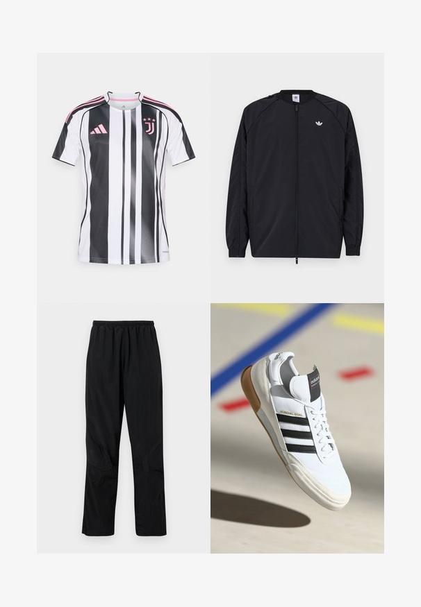Crna lagana jakna s prednjim patentnim zatvaračem, elastičnim manžetama i malim bijelim logotipom na lijevoj hali. Ima jednostavan, čist dizajn.; Fudbalska majica Juventusa s vertikalnim crno-bijelim prugama, roze naglasci na rukavima i logu, napravljena od laganog, prozračnog materijala.; Crne nica hlače s elastičnim pojasom, s laganim teksturiranim završetkom i naglašenim šavovima za moderan dizajn.; Bijela Adidas Mundial Goal tenisica s crnim prugama i gumiranim potplatima, prikazana u zraku iznad sportske podloge s obojenim linijama.
