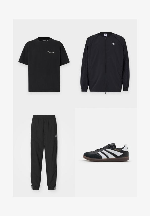 Černá lehká bunda s předním zipem, elastickými manžetami a malým bílým logem na levé hrudi. Vyznačuje se jednoduchým a čistým designem.; Černé tričko s krátkým rukávem vyrobené z bavlny. Má kulatý výstřih a malý bílý text na hrudi. Jednoduchý design bez dalších vzorů.; Černé tepláky s elastickým pasem a manžetami, se světlými bočními pruhy a malým bílým logem Adidas na levém boku.; Černo-bílé sportovní boty s svrchní částí z semiše a syntetického materiálu, s třemi výraznými bílými pruhy, gumovou podrážkou a zlatým nápisem "Predator".