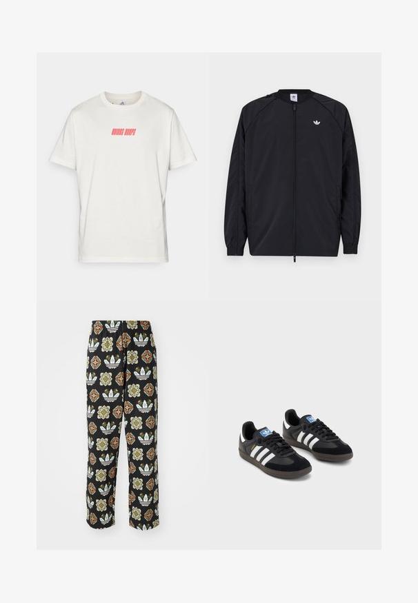 Čierna ľahká bunda so zipsom vpredu, elastickými manžetami a malým bielym logom na ľavej hrudi. Vyznačuje sa jednoduchým a čistým dizajnom.; Biela bavlnená tričko s okrúhlym výstrihom a krátkymi rukávmi. Na prednej strane je v tučnom červenom kurzívom písme napísané "RIDING HOOPS".; Čierne nohavice s precíznym vzorom rôznych tvarov, vrátane kvetinových motívov a pruhov v oranžovej, zelenej a bielej farbe.; Čierne tenisky so zvrškom z semišu a syntetického materiálu, s tromi bielymi pruhmi, štruktúrovanou gumovou podrážkou a modrou logovou etiketou na jazyku.