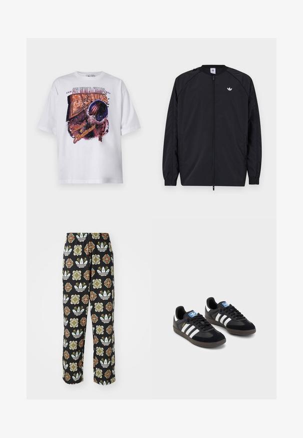 Μαύρο ελαφρύ μπουφάν με φερμουάρ μπροστά, ελαστικούς καρπούς και ένα μικρό άσπρο λογότυπο στο αριστερό στήθος. Διαθέτει απλό, καθαρό σχέδιο.; Λευκό κοντομάνικο μπλουζάκι από βαμβάκι με πολύχρωμο γραφικό τύπωμα ενός κράνους αμερικανικού ποδοσφαίρου και κείμενο "1972 ΠΑΓΚΟΣΜΙΟΙ ΠΡΩΤΑΘΛΗΤΕΣ."; Μαύρο παντελόνι με πολύπλοκο μοτίβο που περιλαμβάνει διάφορα σχήματα, όπως λουλουδένιες σχέσεις και ρίγες σε πορτοκαλί, πράσινο και άσπρο.; Μαύρα αθλητικά παπούτσια με επάνω μέρος από σουέτ και συνθετικό υλικό, με τρεις λευκές ρίγες, υφασμάτινη σόλα από καουτσούκ και μπλε ταυτότητα λογότυπου στη γλώσσα.