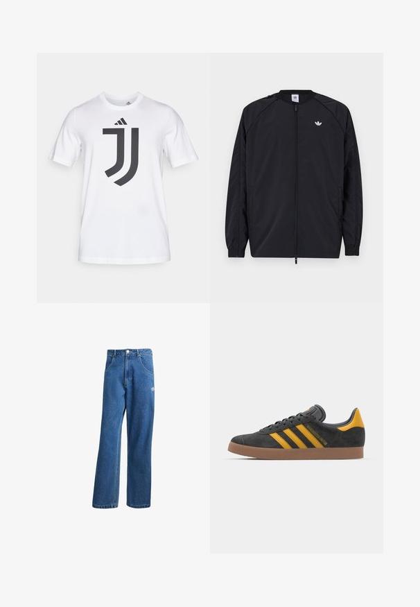 Sort letvægtsjakke med lynlås foran, elastiske manchetter og et lille hvidt logo på venstre bryst. Har et simpelt, rent design.; Hvid bomulds T-shirt med korte ærmer, der har et stort sort Juventus-logo design på forsiden. Rund halsudskæring, normal pasform.; Blå højtaljede viddebukser i denim med forlommer, bælteløkker, knaplukning og lille Adidas-logo på højre lår.; Sort suedet sneaker med gule accenter, der har tre striber og en brun gummisål. Inkluderer en polstret tunge for komfort.