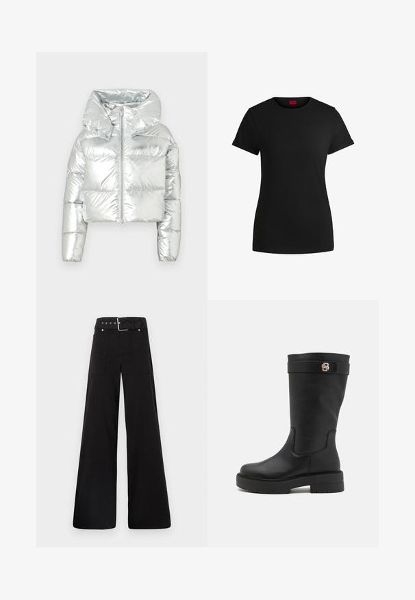 Ασημί μεταλλικό μπουφάν τύπου puffer με cropped σχεδίαση, υπερμεγέθη κουκούλα, φερμουάρ και ελαστικούς μανσέτες. Διαθέτει ανάγλυφη υφή.; Μαύρο βαμβακερό T-shirt με κοντά αναδιπλωμένα μανίκια, στρογγυλή λαιμόκοψη και κόκκινη ετικέτα. Λείος υφάσματος, εφαρμοστό σχήμα με ελάχιστες λεπτομέρειες.; Μαύρο παντελόνι με φαρδιά ποδιά φτιαγμένο από βαμβάκι, με ψηλή μέση, μεγάλες πλαϊνές τσέπες και ζώνη με μεταλλικά αξεσουάρ σε ασημί απόχρωση.; Μαύρες μπότες μέχρι το γόνατο με λεία δερμάτινη επιφάνεια, χοντρή σόλα και διακοσμητική λωρίδα με χρυσό λογότυπο.