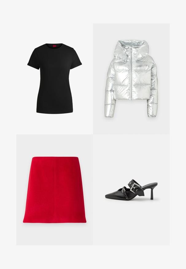 Sudraba metāla pūkains jaka ar īsu dizainu, pārspīlētu kapuci, rāvējslēdzēja aizdari un quilted tekstūru; ar elastīgām piedurknēm.; Melnas kokvilnas t-krekls ar īsām rullējošām piedurknēm, apaļu kakla izgriezumu un sarkanu etiķeti. Gluda tekstūra, pieguļošs siluets ar minimālu dizainu.; Sarkans mini svārki, izgatavoti no strukturēta auduma, ar taisnu griezumu. Dizains iekļauj bezšuvju priekšpusi un tīras līnijas bez rotājumiem.; Melnas augstpapēžu mūles ar norādītu purngalu, izgatavotas no gludas ādas. Iekļauj plašu potītes siksnu ar kvadrātveida sudraba sprādzi un kniedēm.