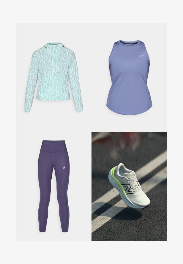 Helles blaues Jacket mit Leopardenmuster, ausgestattet mit Kapuze und langen Ärmeln, aus einem glatten, leichten Stoff gefertigt.; Lila Sporttanktop mit runder Ausschnittform und ärmellosem Design. Mit einem kleinen weißen Nike-Logo auf der linken Brust. Geschmeidige Textur.; ASICS CORE - Lauftights - indigo fog; Weißer und neongrüner New Balance Laufschuh in der Luft über Asphalt mit weißen Fahrbahnmarkierungen.