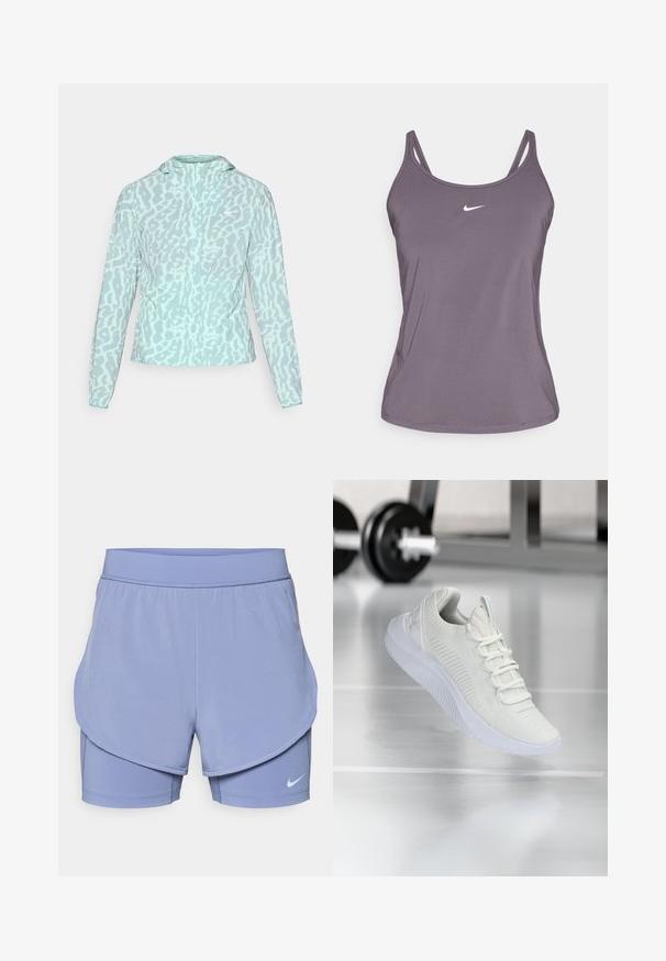 Lyseblå jakke med leopardsmønster, med hette og lange ermer, laget av et glatt, lett materiale.; Lilla sports tank topp med tynne stropper og rund hals, med en liten hvit Nike-logo på brystet. Glatt tekstur.; Nike-shorts i lys lilla, med et lagdelt design som har et innvendig tettsittende fôr og en løs ytre passform. Elastisk midjebånd for komfort.; Hvit atletisk sneaker med et teksturert mesh-overdel og snøring, med en polstret hvit såle og subtile ribbede detaljer.