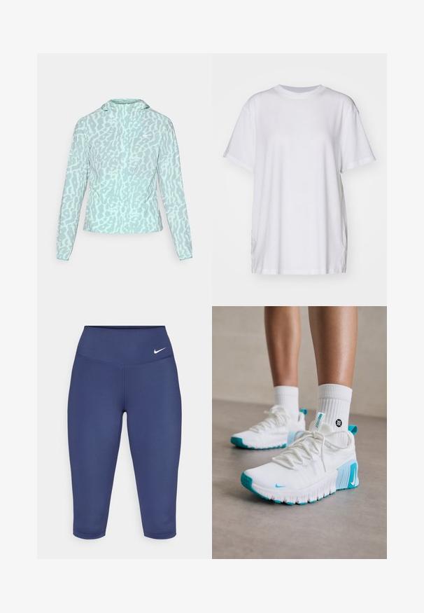 Vaaleansininen takki, jossa on leopardi-printti, hupullinen ja pitkähihainen, valmistettu sileästä ja kevyestä kankaasta.; Valkoinen ylisuuri t-paita, joka on valmistettu puuvillasta. Paitassa on pyöreä kaula-aukko, lyhyet hihat ja sivuhalkiot, jotka tarjoavat rentoa istuvuutta. Silkkinen rakenne.; Leggins capri marin blue yang terbuat dari kain elastis, dilengkapi dengan pinggang lebar dan logo kecil berwarna putih di sisi kiri. Tidak ada jahitan yang terlihat.; Valkoiset urheilukengät turkooseilla yksityiskohdilla, kuvioitu päällinen, joustava pohja ja nauhat. Yhdistetty valkoisiin nilkkasukkiin.