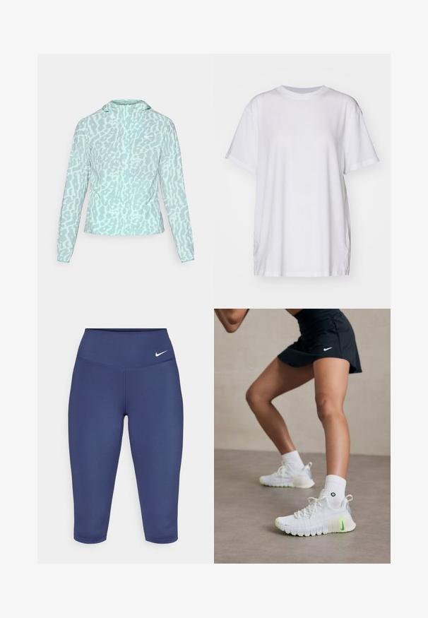 Veste bleu clair avec un motif léopard, dotée d'une capuche et de manches longues, fabriquée en tissu lisse et léger.; T-shirt blanc oversize en coton, avec un col rond, des manches courtes et des fentes sur les côtés pour un ajustement décontracté. Texture lisse.; Leggings capri bleu marine en tissu extensible, dotés d'une ceinture large et d'un petit logo blanc sur le côté gauche. Aucune couture visible.; Chaussures de sport blanches avec une surface texturée, des accents vert fluo et un logo Nike bien en vue. Portées avec des chaussettes blanches à mi-mollet.