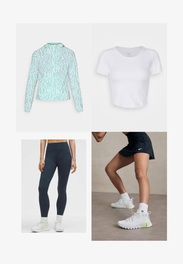 Světle modrá bunda s leopardím vzorem, s kapucí a dlouhými rukávy, vyrobená z hladké, lehké látky.; Bílý krátký crop top s krátkým rukávem vyrobený z hladkého syntetického materiálu. Má kulatý výstřih a logo Nike uvnitř límce.; Vysoko páskové, tmavě modré legíny vyrobené z pružné, hladké látky s plochými švy a bez viditelných kapes, v kombinaci s bílými sportovními botami.; Bílé sportovní boty s texturovaným povrchem, neonově zelenými akcenty a výrazným logem Nike. Nosené s bílými kotníkovými ponožkami.