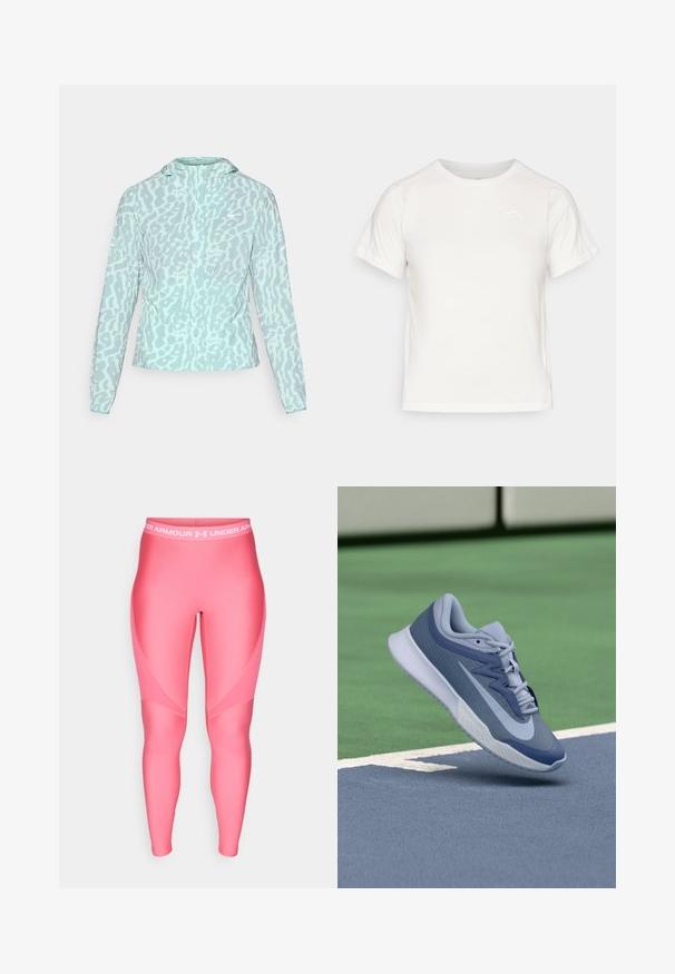 Ljusblå jacka med ett leopardmönster, som har en huva och långa ärmar, tillverkad av ett följsamt, lätt tyg.; Lätt vit T-shirt med korta ärmar, rund hals och en liten logotyp i det övre vänstra hörnet. Slät tyg med en subtil lyster.; Rosa sportleggings med en slät yta, försedd med ett vitt elastiskt midjeband med "Under Armour"-logotypen och vinkelformade design detaljer.; Sportssko i ljusblått och marinblått, med en texturerad överdel, platta snören och en lätt vit sula. Höjd över en spelplan.