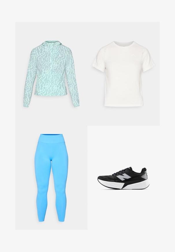 Jachetă de culoare albastră deschisă cu un model de leopard, având glugă și mâneci lungi, fabricată dintr-un material neted și ușor.; Tricou alb ușor, cu mâneci scurte, guler rotund și un logo mic în colțul din stânga sus. Material neted cu un luciu subtil.; Tights albastre realizate dintr-un material elastic, cu talie înaltă. Textură netedă și design ajustat, care se extinde până la nivelul gleznelor.; Pantof de alergare New Balance alb-negru, cu talpă groasă, parte superioară din plasă și logo-ul "N" pe lateral, văzut din partea exterioară.
