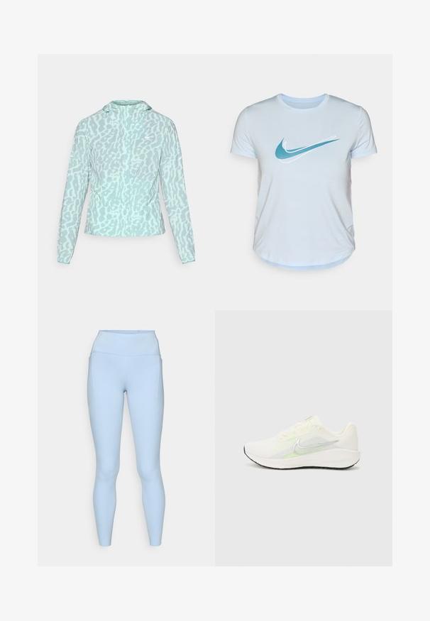 Fénykék dzseki leopárdmintával, kapucnival és hosszú ujjal, sima, könnyű anyagból készült.; Világoskék Nike póló rövid ujjal, kerek nyakkivágással és ívelt hem mellett, elöl stylizált fehér és türkiz Nike pipa logóval.; Világoskék leggings magas derekú fazonnal, sima textúrával és oldalsó zsebekkel. Finom varrási részletek és testhezálló dizájn jellemzi.; Nike Performance DOWNSHIFTER 13 - Utcai futócipők - sail/silver-coloured photon dust/summit white/barely volt/black