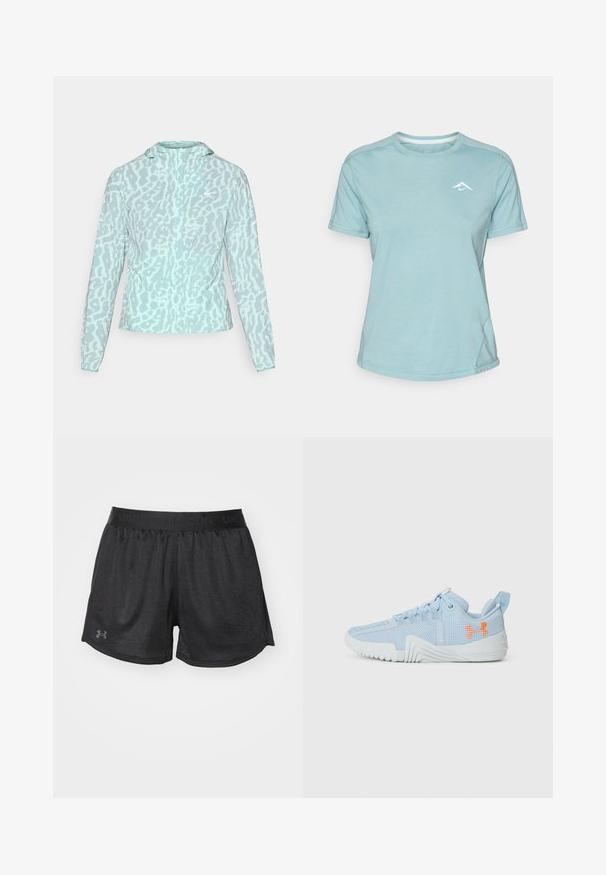 Soeharnas sinine jakk leopardimustriga, millel on kapuuts ja pikad varrukad, valmistatud siledast ja kergest kangast.; Hele sinine lühikeste varrukatega T-särk, mis on valmistatud pehmest kangast, ümara kaelusega ja väikese valge logoga rinnal. Õmblusdetailid on nähtavad.; Mustad must sportlikud lühikesed püksid, tekstuuriga kangast, elastse vöökoha ja tumeda halli värvi väikese Under Armour logo abil alumises vasakus servas.; Heled sinine spordijalanõud, mis on valmistatud võrgumaterjalist, millel on tekstuuriga talla, esitades oranži logo ja paeltega disaini.