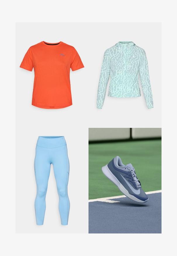 Vaaleansininen takki, jossa on leopardi-printti, hupullinen ja pitkähihainen, valmistettu sileästä ja kevyestä kankaasta.; Oranssi lyhythihainen T-paita, joka on valmistettu pehmeästä puuvillasta. Paidassa on sininen vuoristologo vasemmassa rinnassa, pyöreä kaula-aukko ja normaali istuvuus.; Vaaleansinisiä legginssejä, jotka on valmistettu joustavasta kankaasta. Ominaisuuksiin kuuluu korkea vyötärö, sileä pintakuvio ja kaarevat saumat jaloissa.; Urheilukengät vaaleansinisen ja tummansinisen sävyissä, joissa on teksturoitu päällinen, litteät nauhat ja kevyt valkoinen pohja. Nostettuna kenttäpinnan ylle.