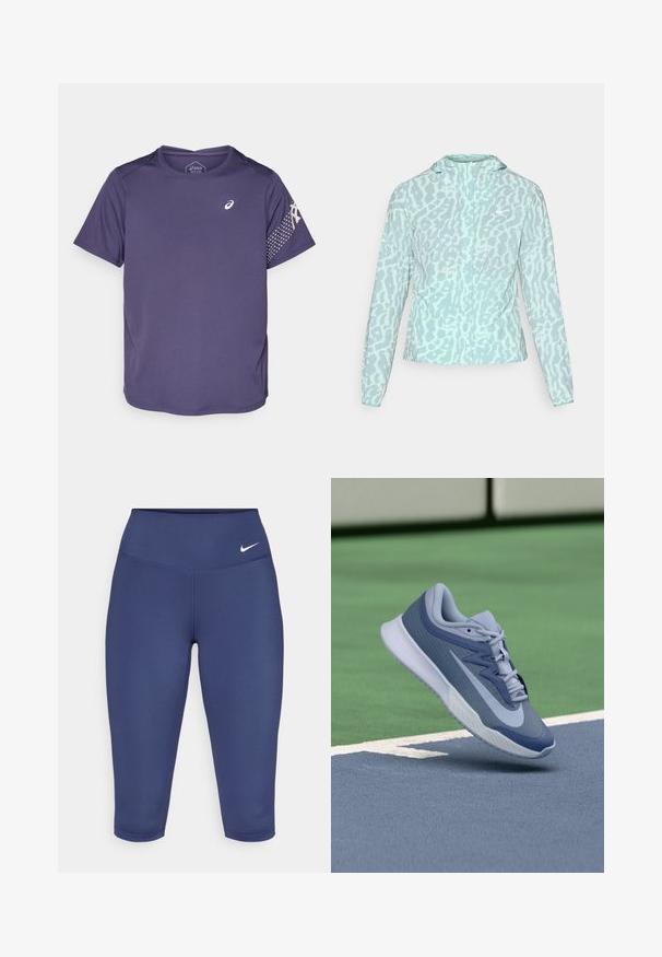 Casaco azul claro com padrão de estampado de leopardo, apresentando um capuz e mangas longas, feito de um tecido suave e leve.; Camisola desportiva roxa com mangas curtas, tecido texturizado, gola redonda e um logotipo no peito. Padrão de bolinhas na manga.; Leggings capri azul marinho feitos de tecido elástico, com uma cintura larga e um pequeno logo branco no lado esquerdo. Sem costuras visíveis.; Sapatilhas desportivas em azul claro e azul marinho, com um topo texturizado, atacadores planos e uma sola leve branca. Elevadas acima de uma superfície de campo.