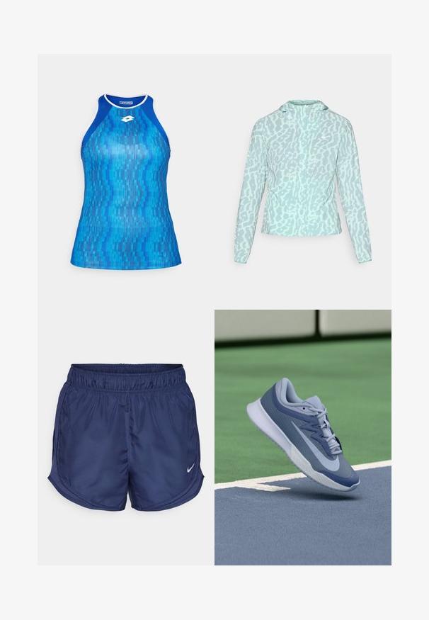 Ανοιχτό μπλε μπουφάν με λεοπάρ σχέδιο, διαθέτει κουκούλα και μακριά μανίκια, φτιαγμένο από λεία, ελαφριά ύλη.; Μπλε αθλητική μπλούζα χωρίς μανίκια με γεωμετρικό σχέδιο σε διάφορες αποχρώσεις του μπλε. Διαθέτει σχέδιο με σφιχτό πίσω μέρος και λευκές λεπτομέρειες γύρω από το ντεκολτέ.; Ναυτικές αθλητικές σορτς με ελαστική μέση και πλαϊνές διχτυωτές πάνελ. Διαθέτει ένα μικρό λευκό λογότυπο Nike στην κάτω αριστερή πλευρά.; Αθλητικά παπούτσια σε ανοιχτό μπλε και ναυτικό, με υφή επάνω μέρος, επίπεδες κορδόνες και ελαφριά λευκή σόλα. Υψωμένα πάνω από μια επιφάνεια γηπέδου.
