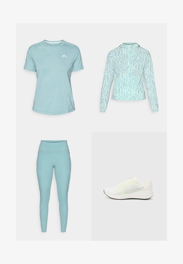 Ljusblå jacka med ett leopardmönster, som har en huva och långa ärmar, tillverkad av ett följsamt, lätt tyg.; Ljusblå kortärmad t-shirt gjord av mjukt tyg, med rund halsringning och en liten vit logotyp på bröstet. Sömmar är synliga.; Ljusblå leggings gjorda av elastiskt material, med hög midja, sömlös design och minimala vita accenter på sidorna.; Nike Performance DOWNSHIFTER 13 - Väglöparskor - sail/silver-coloured photon dust/summit white/barely volt/black