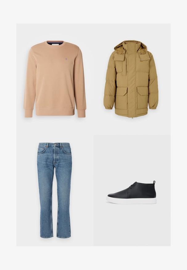 Khaki puffer jacket with a zip and snap closure, large front pockets, elastic cuffs, and a hood. Smooth texture and quilted design.; GANT SHIELD C NECK - Sweatshirt - warm khaki; Light blue denim jeans with a straight cut, five-pocket design, and contrasting stitching. The fabric has a soft texture and slight fading.; Black leather high-top sneakers with a smooth finish, white rubber sole, and simple lace-up design. Features a pull tab at the back.