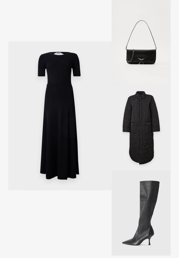 Fekete steppelt hosszú kabát, hegyes gallérral, elöl gombos záródással és két folt zsebbel. Sima textúra, gyémántmintával.; Fekete maxi ruha bordázott felsőrésszel, rövid ujjakkal és lágyan omló szoknyával. Simább anyagból készült, egyszínű kivitelben.; Térd fölötti fekete bőr csizmák hegyes orral és karcsú stiletto sarkal. Simább textúrájúak, jól illeszkedő kialakítással és varrással a tetején.; Fekete bőrtáska ezüstlánc pánttal, díszes szárnyakkal és fehér varrással az alsó varrat mentén.