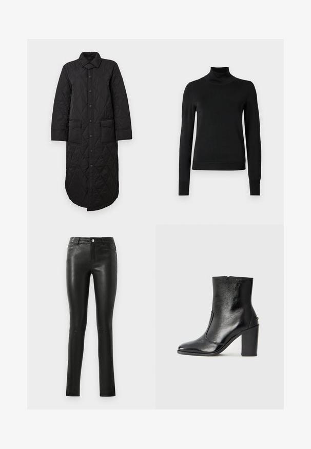 Črn prešit dolg plašč z ostrim ovratnikom, sprednjim gumbom za zapiranje in dvema žepoma. Gladka tekstura z diamantnim vzorcem.; Črni pulover s dolgimi rokavi in vratnikom, z rebrastimi манжетами in robom, prikazan na enobarvni beli podlagi.; Črne usnjene hlače s prilegajočim dizajnom, gladko teksturo, srednje višjim pasom in subtilnimi šivi. Zasnovane so s sprednjimi žepi in kovinsko gumbom.; Črne usnjene gležnarske čevlje z gladko teksturo, koničastim nosom in debelim visokim petam. Imajo stransko odprtino in minimalističen dizajn.