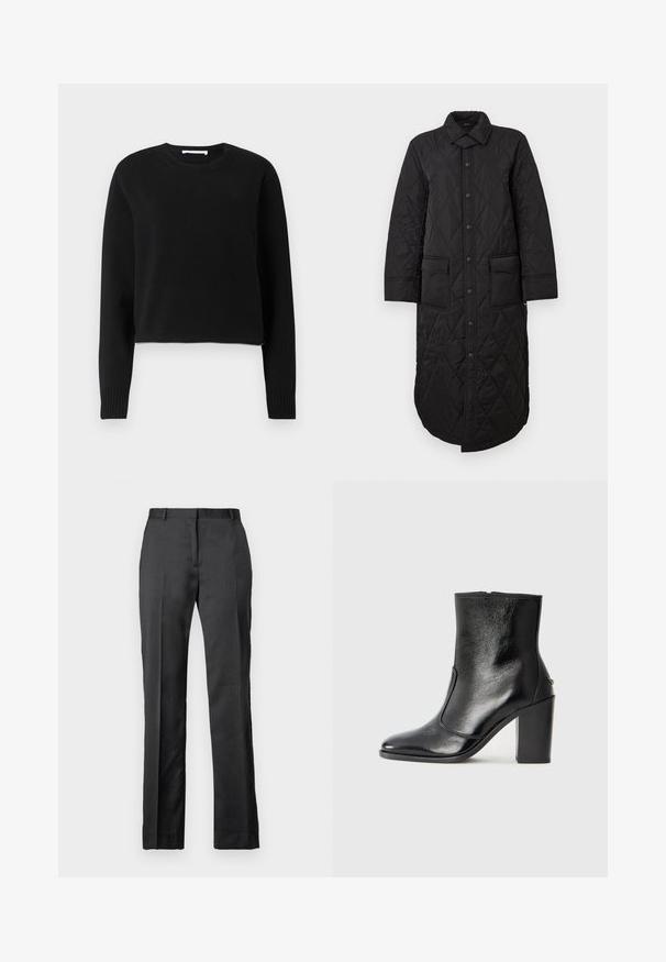 Cappotto lungo trapuntato nero con colletto a punta, chiusura frontale con bottoni e due tasche a toppa. Tessuto liscio con un motivo a diamante.; Maglione nero corto con maniche lunghe, collo e polsini a coste, realizzato in un morbido materiale a maglia. Design semplice e senza soluzione di continuità.; Pantaloni neri su misura realizzati in un tessuto morbido. Presentano un design a gamba dritta, vita piatta e dettagli di piega sottili.; Stivale alla caviglia in pelle nera, con una superficie liscia, punta affilata e tacco alto e massiccio. Presenta una apertura laterale e un design minimalista.
