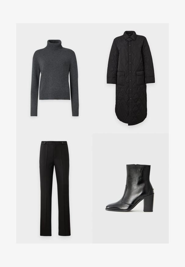 Mustan tikitud pikk mantel terava krae, esise nööbiga kinnitus ja kaks kleittaskut. Sile tekstuur diamantrikkaga.; Hall hallitav hall turtleneck-sviiter pehmest kudumist, millel on pikad varrukad ja soonikkoes äär, mis tagab istuva ilme.; Mustad kohandatud püksid sirge säärega, kahe esipocketiga, nup closure'iga ja volditud detailidega ees. Sile kangatekstuur.; Must kõvale nahast pahklipsu saapad, millel on sile tekstuur, terav varvas ja paks kõrge kann. Omab külgavatust ja minimalistlikku disaini.
