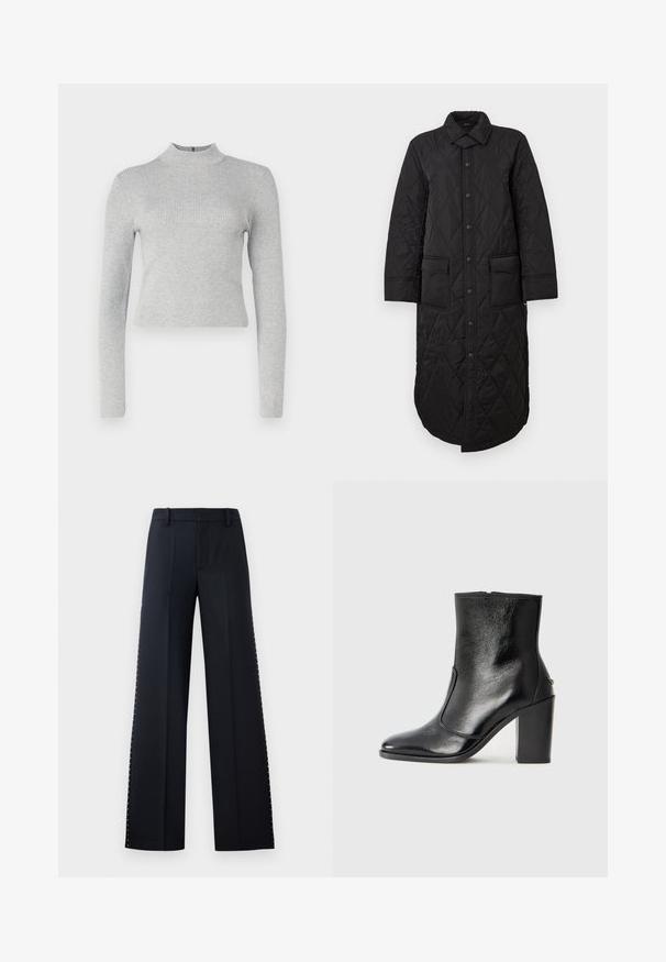 Černý prošívaný dlouhý kabát s špičatým límcem, předním zapínáním na knoflíky a dvěma našitými kapsami. Hladký povrch s diamantovým vzorem.; Svetle šedý žebrovaný rolák s dlouhým rukávem a přiléhavým střihem, s malým zipem na zadní straně. Hladká textura po celém povrchu.; Široké kalhoty v černé barvě. Nápaditý střih s hladkou texturou. Obsahují řadu kovových hřebíků podél bočních švů pro detail.; Černé kožené kotníkové boty s hladkou texturou, špičatou špičkou a robustním vysokým podpatkem. Mají boční otvor a minimalistický design.
