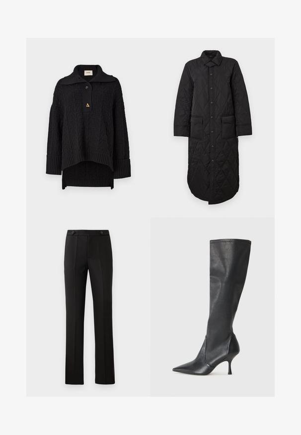 Palton lung negru matlasat, cu guler ascuțit, închidere cu nasturi în față și două buzunare aplicate. Textură netedă cu un model în diamant.; Pulover negru tricotat cu un model texturat, guler înalt și închidere cu nasturi. Mansete și tiv ribbate, având un accent triunghiular de aur.; Pantaloni negri croiți, cu un croi drept, două buzunare frontale, închidere cu nasture și detalii cu pliuri în față. Textură de țesătură netedă.; Botine din piele neagră, până la genunchi, cu vârf ascuțit și toc subțire stiletto. Textură netedă, cu un design ajustat și cusături la marginea superioară.