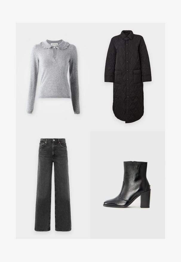 Sort vatteret lang frakke med en spidse krave, frontlukning med knapper og to påsyede lommer. Glat tekstur med et diamantmønster.; Grå strikket sweater med en flæsekrave, lange ærmer og en V-halsudskæring. Har en snøredetalje ved kraven.; Sorte højtaljede lige ben denimjeans med frontknap og lynlås, to frontlommer og to baglommer.; Sorte læder ankelstøvler med en glat overflade, spids tå og en chunky høj hæl. Har en sidelukning og minimalistisk design.