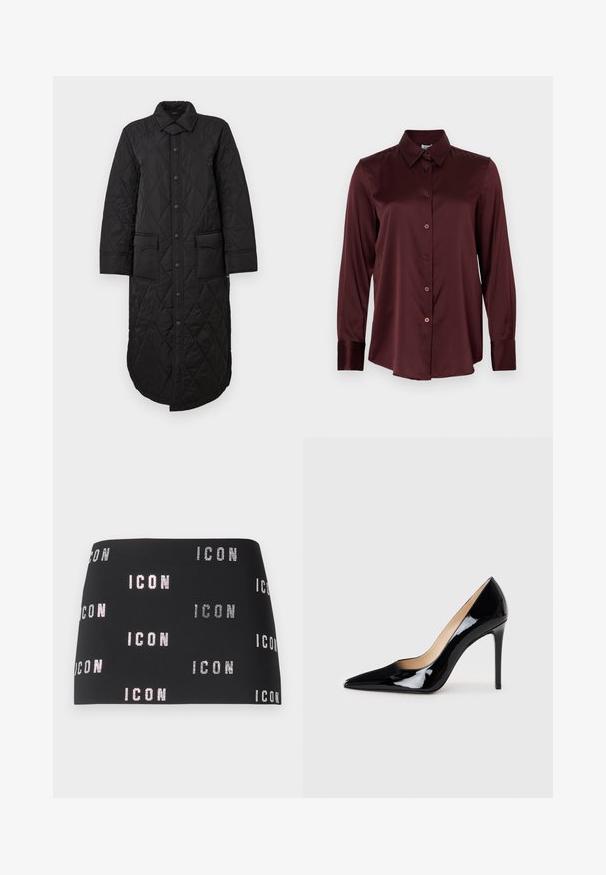 Cappotto lungo trapuntato nero con colletto a punta, chiusura frontale con bottoni e due tasche a toppa. Tessuto liscio con un motivo a diamante.; Camicia bordeaux a maniche lunghe con bottoni, realizzata in tessuto liscio, caratterizzata da un colletto classico e polsini con bottoni, con sei bottoni frontali.; Gonna mini nera con testo scintillante "ICON" in un motivo ripetuto su tutta la superficie, texture liscia e design aderente.; Décolleté in pelle verniciata nera con design a punta e silhouette elegante. Presenta una finitura liscia e lucida e un tacco a stiletto sottile.