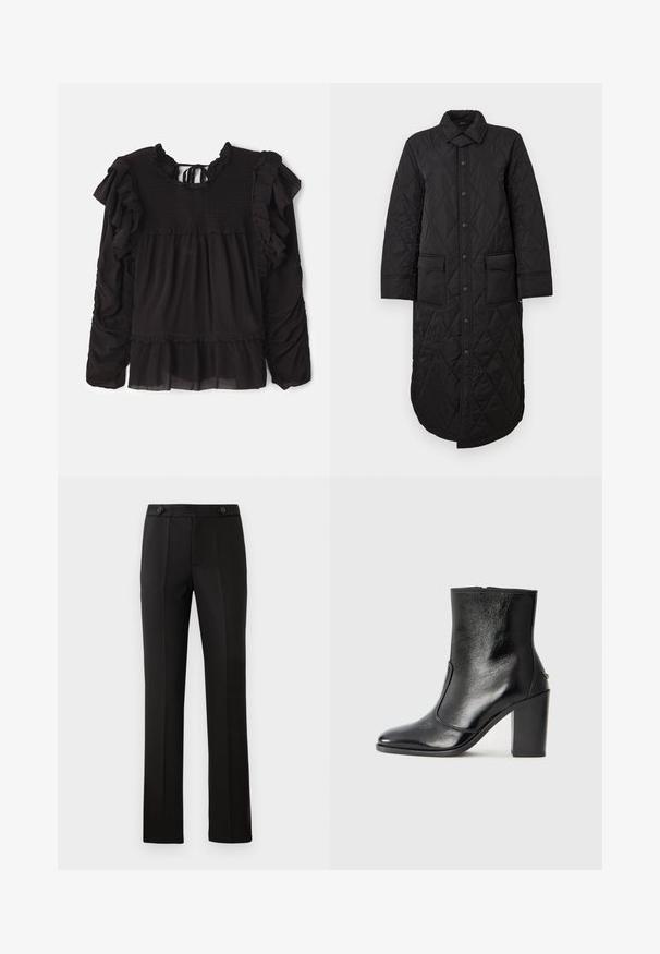 Casaco longo preto acolchoado com gola pontuda, fecho frontal com botões e dois bolsos de chapa. Textura suave com padrão de diamante.; Blusa preta com detalhes franzidos, textura pregueada na parte superior, mangas compridas e uma bainha em camadas com detalhe de tecido transparente.; Calças pretas ajustadas com perna reta, dois bolsos frontais, fecho com botão e detalhes de pregas na parte da frente. Textura de tecido suave.; Bota ankle preta em pele com uma textura suave, bico fino e um salto alto robusto. Apresenta uma abertura lateral e um design minimalista.