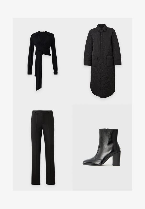 Zwarte doorstikte lange jas met een puntige kraag, sluiting met knopen aan de voorkant en twee opgestikte zakken. Gladde textuur met een ruitenpatroon.; Zwarte wikkeltop met lange mouwen, een gespreide kraag en een strikdetail op de taille. Gemaakt van een gladde stof met een lichte textuur.; Zwarte op maat gemaakte broek met een rechte pijp, twee voorzakken, een knoopsluiting en plooien aan de voorkant. Glad textuur van de stof.; Zwarte leren enkelboot met een gladde textuur, spitse neus en een gedurfde hoge hak. Beschikt over een zijopening en een minimalistisch ontwerp.