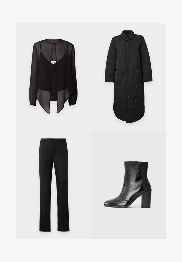 Juodas siuvinėtas ilgas paltas su smailiu apykakliu, priekyje mygtukų užsegimas ir dvi kišenės. Lygi tekstūra su deimanto raštu.; Juoda permatoma bliuska su ilgomis rankovėmis, aukštu kaklu ir asimetrišku apvadu. Yra priekiniai mygtukų užsegimai ir sluoksnių dizaino elementai.; Juodos pritaikytos kelnės su tiesiomis kojomis, dviem priekinėmis kišenėmis, mygtuko uždarymu ir raukšlėmis priekyje. Glotnaus audinio tekstūra.; Juodas odinis kulkšninis batas su lygiu paviršiumi, smailiu pirštu ir masyviu aukštu kulnu. Savybė - šoninis atidarymas ir minimalistiškas dizainas.