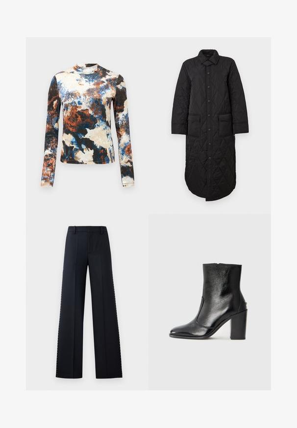 Črn prešit dolg plašč z ostrim ovratnikom, sprednjim gumbom za zapiranje in dvema žepoma. Gladka tekstura z diamantnim vzorcem.; Majica z dolgimi rokavi v mešanici abstraktnih vzorcev v modri, rjavi in smetani. Mehka tkanina z oprijetim dizajnom in visokim ovratnikom.; Široke hlače v črni barvi. Pristojen kroj z gladko teksturo. Imajo vrsto kovinskih žebljev ob straneh za dodatno podrobnost.; Črne usnjene gležnarske čevlje z gladko teksturo, koničastim nosom in debelim visokim petam. Imajo stransko odprtino in minimalističen dizajn.