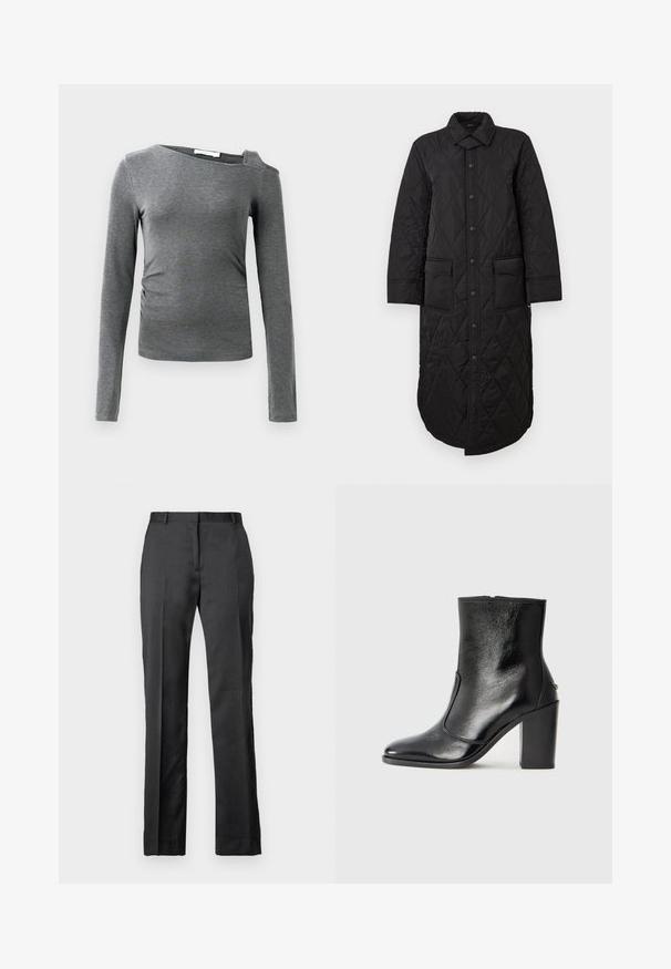 Juodas siuvinėtas ilgas paltas su smailiu apykakliu, priekyje mygtukų užsegimas ir dvi kišenės. Lygi tekstūra su deimanto raštu.; Pilkas ilgarankovė palaidinė, pagaminta iš minkštos medžiagos, su plačiu apykaklės iškirpimu ir vienu peties iškarpymu, šoninėse dalyse turi nedidelį raukinį.; Juodos pritaikytos kelnės, pagamintos iš lygaus audinio. Turi tiesią koją, plokščią priekinę dalį ir nežymias raukšles.; Juodas odinis kulkšninis batas su lygiu paviršiumi, smailiu pirštu ir masyviu aukštu kulnu. Savybė - šoninis atidarymas ir minimalistiškas dizainas.