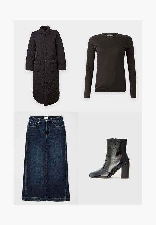 Črn prešit dolg plašč z ostrim ovratnikom, sprednjim gumbom za zapiranje in dvema žepoma. Gladka tekstura z diamantnim vzorcem.; Črna dolgosleeve rebrasta majica s krožnim izrezom, narejena iz mehke tkanine, s preprostim oblikovanjem brez okrasnih elementov ali vzorcev.; Temno modra krila z ravno obliko in dolžino do kolen. Ima sprednja žepa, zadrgo in subtilne detajle šivanja vzdolž šivov.; Črne usnjene gležnarske čevlje z gladko teksturo, koničastim nosom in debelim visokim petam. Imajo stransko odprtino in minimalističen dizajn.