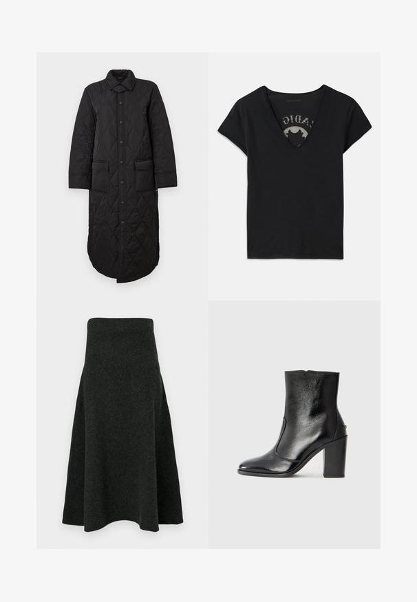 Manteau long noir matelassé avec un col pointu, fermeture par boutons sur le devant et deux poches à rabat. Texture lisse avec un motif en losanges.; T-shirt noir à manches courtes avec un décolleté en V profond, présentant un panneau en maille et un design imprimé sur la couche intérieure. Tissu doux et respirant.; Une jupe en feutre vert foncé avec une silhouette évasée, taille haute et texture lisse. L'ourlet est doucement courbé pour un aspect fluide.; Bottine en cuir noir, avec une texture lisse, un bout pointu et un talon chunky haut. Présente une ouverture sur le côté et un design minimaliste.
