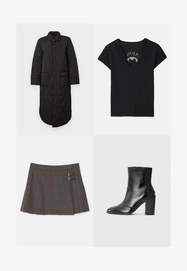 Zwarte doorstikte lange jas met een puntige kraag, sluiting met knopen aan de voorkant en twee opgestikte zakken. Gladde textuur met een ruitenpatroon.; Zwarte t-shirt met korte mouwen en een diepe V-hals, met een mesh paneel en een gedrukt ontwerp op de binnenlaag. Zachte, ademende stof.; The Kooples JUPE - Minirok - brown; Zwarte leren enkelboot met een gladde textuur, spitse neus en een gedurfde hoge hak. Beschikt over een zijopening en een minimalistisch ontwerp.