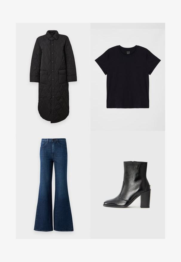 Mustan tikitud pikk mantel terava krae, esise nööbiga kinnitus ja kaks kleittaskut. Sile tekstuur diamantrikkaga.; Lühikeste varrukatega must T-särk, mis on valmistatud pehmest puuvillast. Klassikaline ümmargune kaelus, lihtsa ja ilma kaunistusteta pind ning mugav lõige.; Tumedatest sinistest kõrge vöökohaga laienevad teksad esisegna, tõmbluku ja viie-tasku disainiga valgel taustal.; Must kõvale nahast pahklipsu saapad, millel on sile tekstuur, terav varvas ja paks kõrge kann. Omab külgavatust ja minimalistlikku disaini.