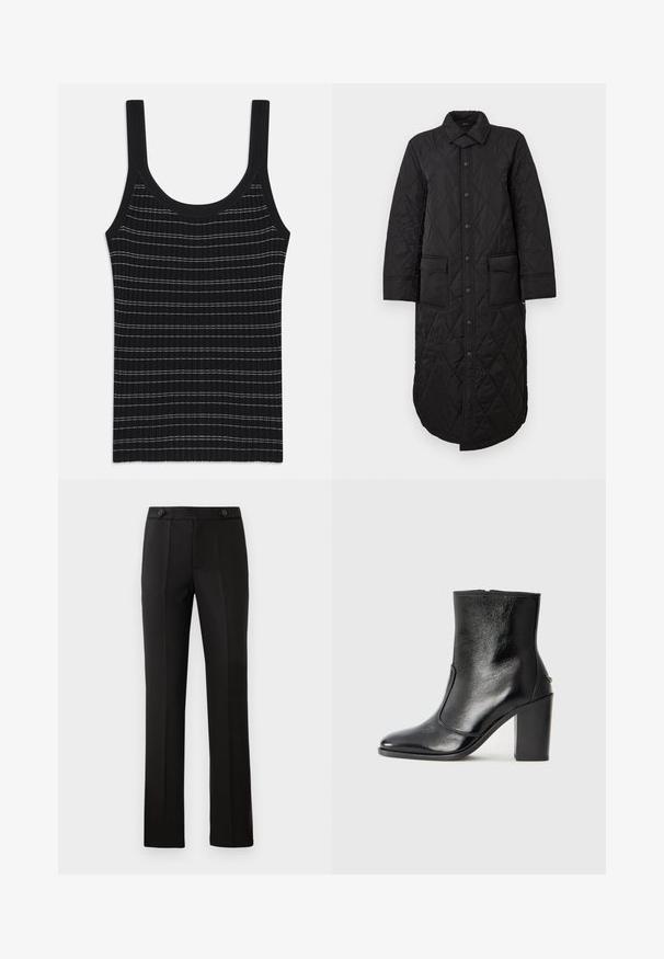 Mustan tikitud pikk mantel terava krae, esise nööbiga kinnitus ja kaks kleittaskut. Sile tekstuur diamantrikkaga.; Musthave mustriba tank top, mille õhukeste valgete triipudega, ümar kaelus ja laiad õlavarre rihmad. Sujuv tekstuur, keha lähedane disain.; Mustad kohandatud püksid sirge säärega, kahe esipocketiga, nup closure'iga ja volditud detailidega ees. Sile kangatekstuur.; Must kõvale nahast pahklipsu saapad, millel on sile tekstuur, terav varvas ja paks kõrge kann. Omab külgavatust ja minimalistlikku disaini.