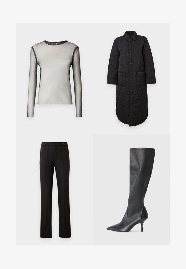 Black quilted long coat with a pointed collar, front button closure, and two patch pockets. Smooth texture with a diamond pattern.; Long-sleeved, sheer gray top with a round neckline, featuring black stone accents along the collar and shoulders, smooth texture.; Black tailored trousers with a straight leg, two front pockets, a button closure, and pleat detailing on the front. Smooth fabric texture.; Knee-high black leather boots with a pointed toe and a slim stiletto heel. Smooth texture with a fitted design and stitching at the top edge.